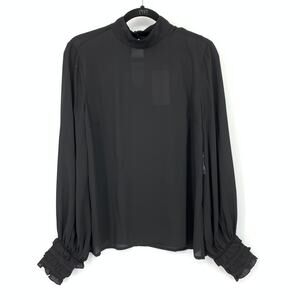 ModCloth Black Mock Neck Tiered Ruffle Cuff Semi Sheer Blouse Top Womens M NEW